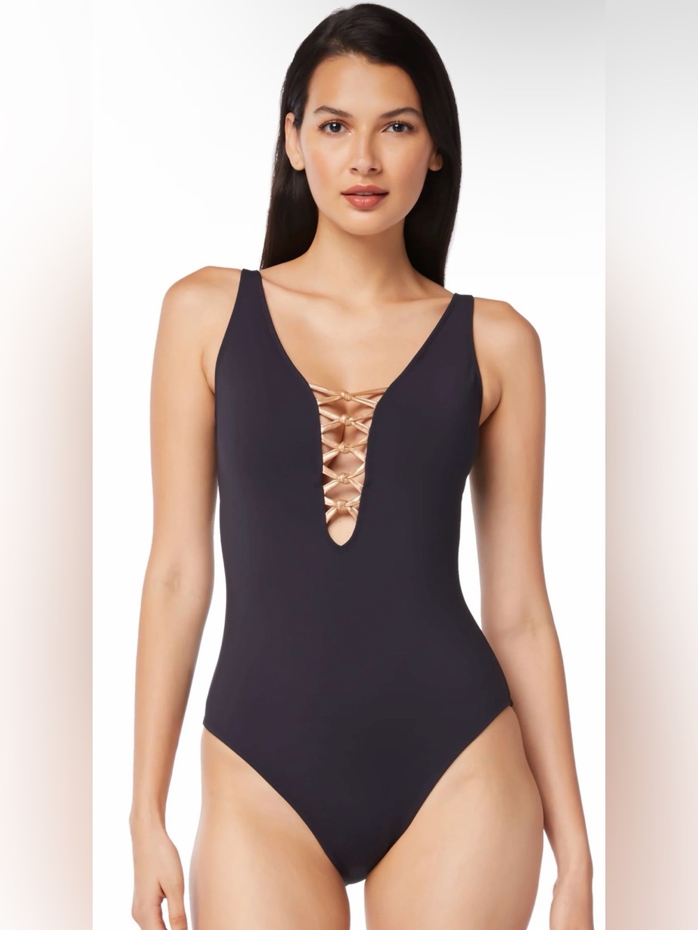NWT Bleu Rod Beattie Kore Lace Down One Piece Navy Gold Size 4